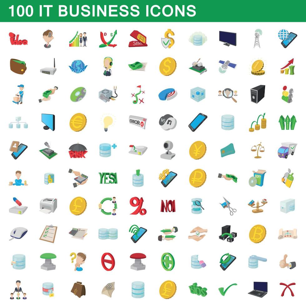 100 it business icons set, cartoon style vector