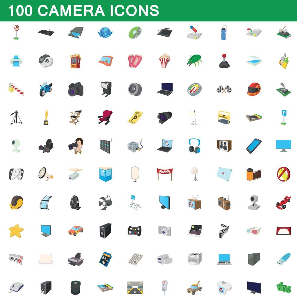 100 iconos de cámara, estilo de dibujos animados vector