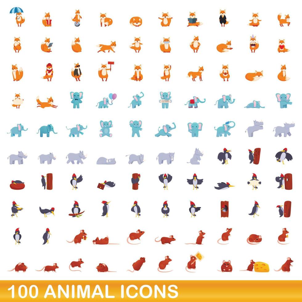 100 animales, conjunto de iconos de estilo de dibujos animados vector