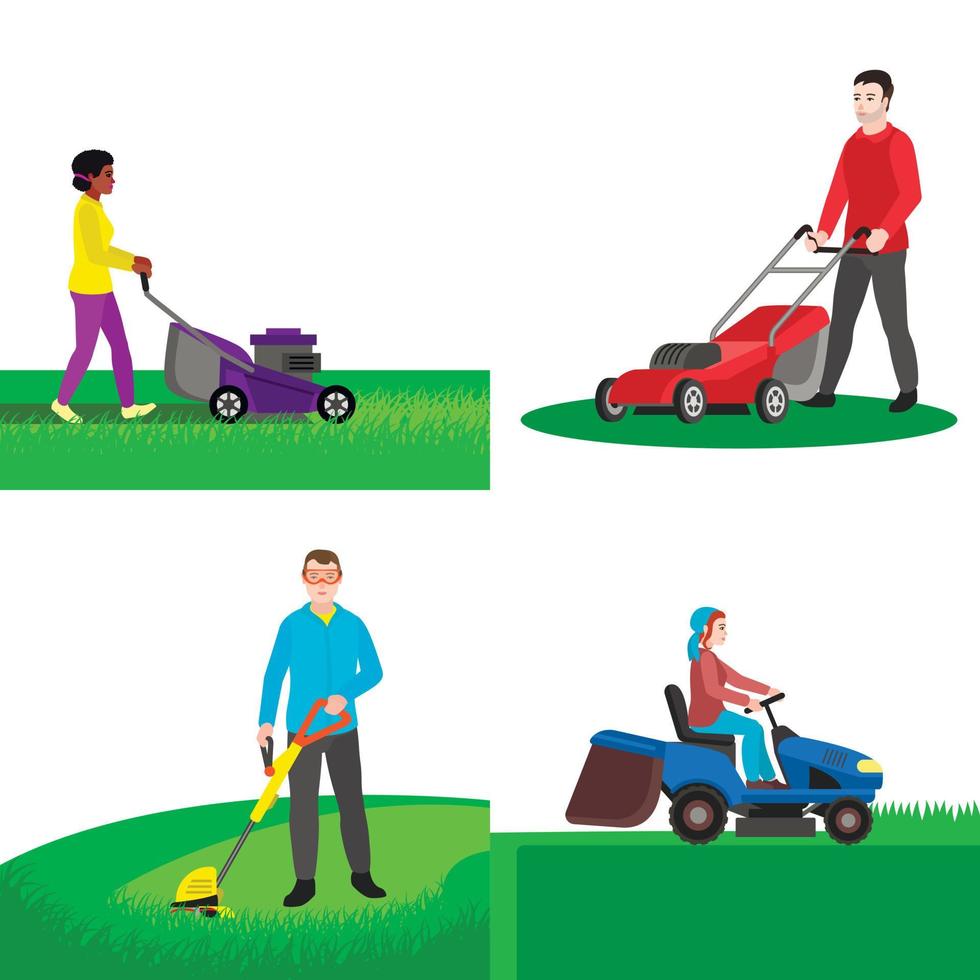 Garden lawnmower banner set, flat style vector