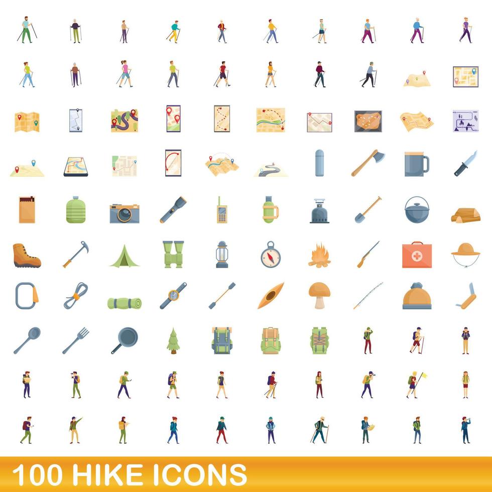 100 iconos de caminata, estilo de dibujos animados vector