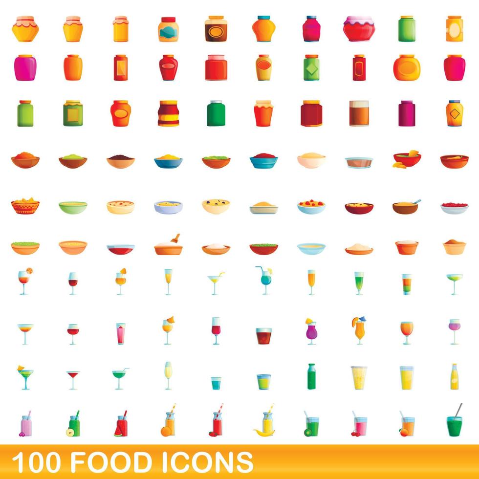 100 iconos de alimentos, estilo de dibujos animados vector