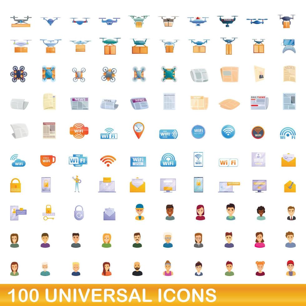 100 universal icons set, cartoon style vector