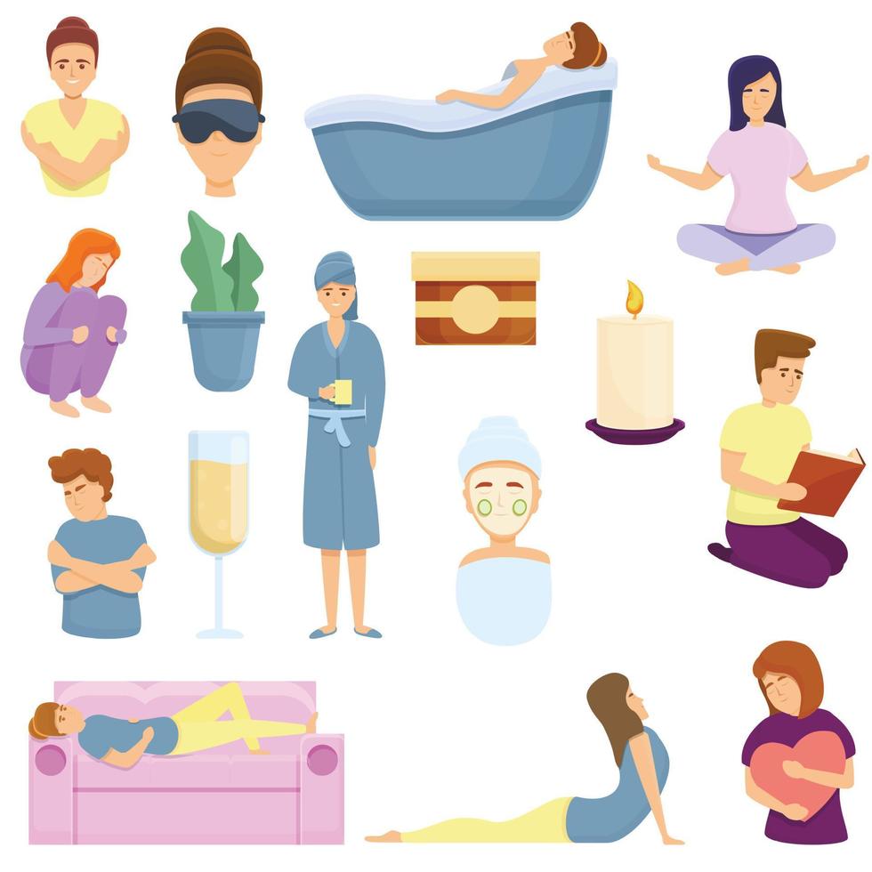 Self-care icons set, cartoon style vector