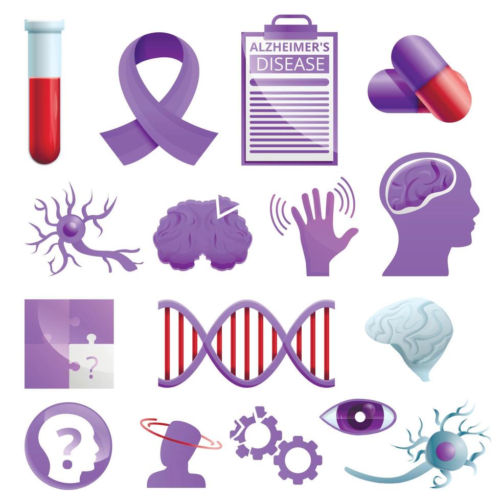 Alzheimer disease icons set, cartoon style vector