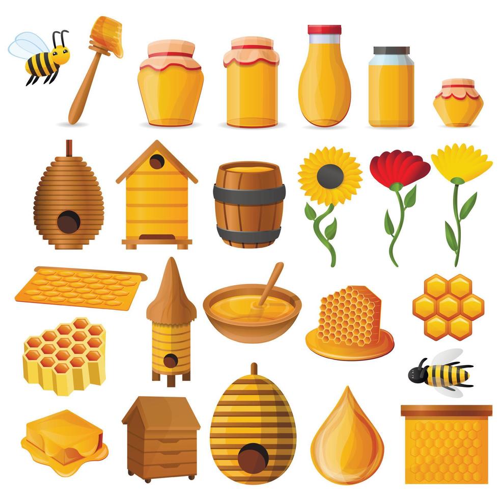 Honey icon set, cartoon style vector