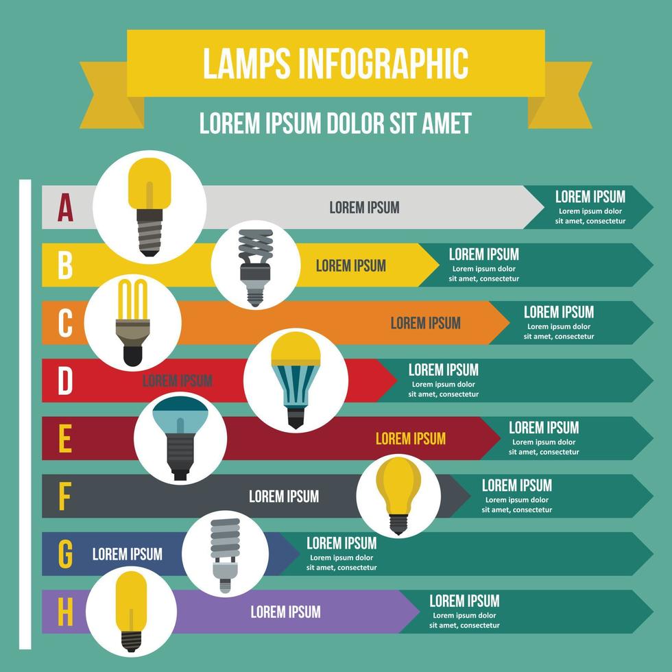 concepto infográfico de lámparas, estilo plano vector