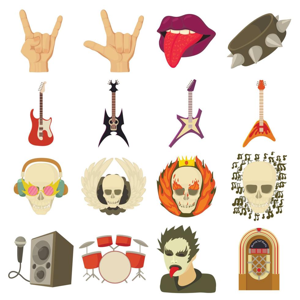 Rock music icons set, cartoon style vector