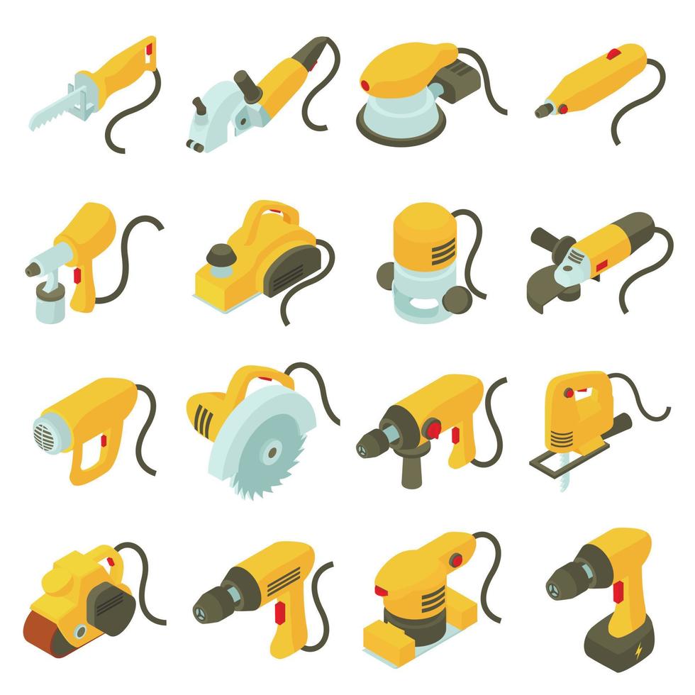 Electric tools icons set, isometric cartoon style vector