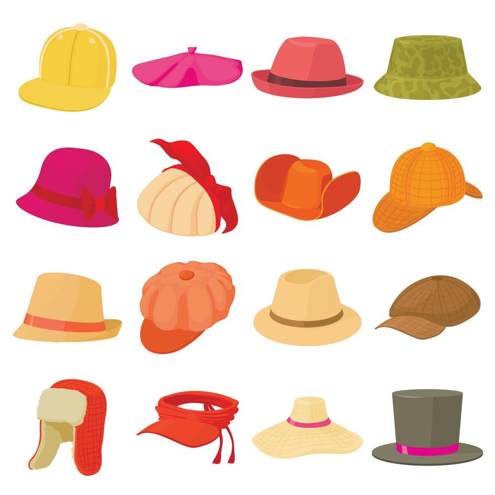 sombrero, tipos, iconos, conjunto, tocado, caricatura, estilo vector