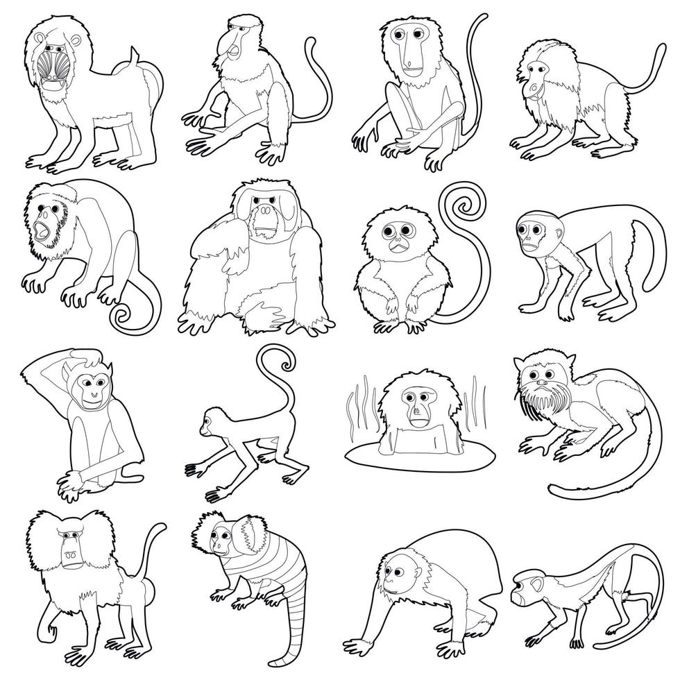 Monkeys types icons set, outline style vector