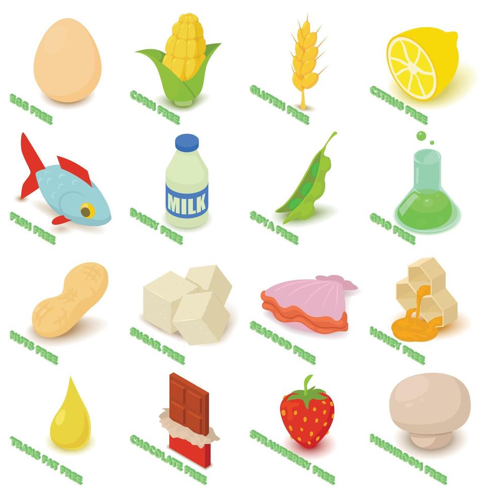 Allergy free icons set food, isometric style vector