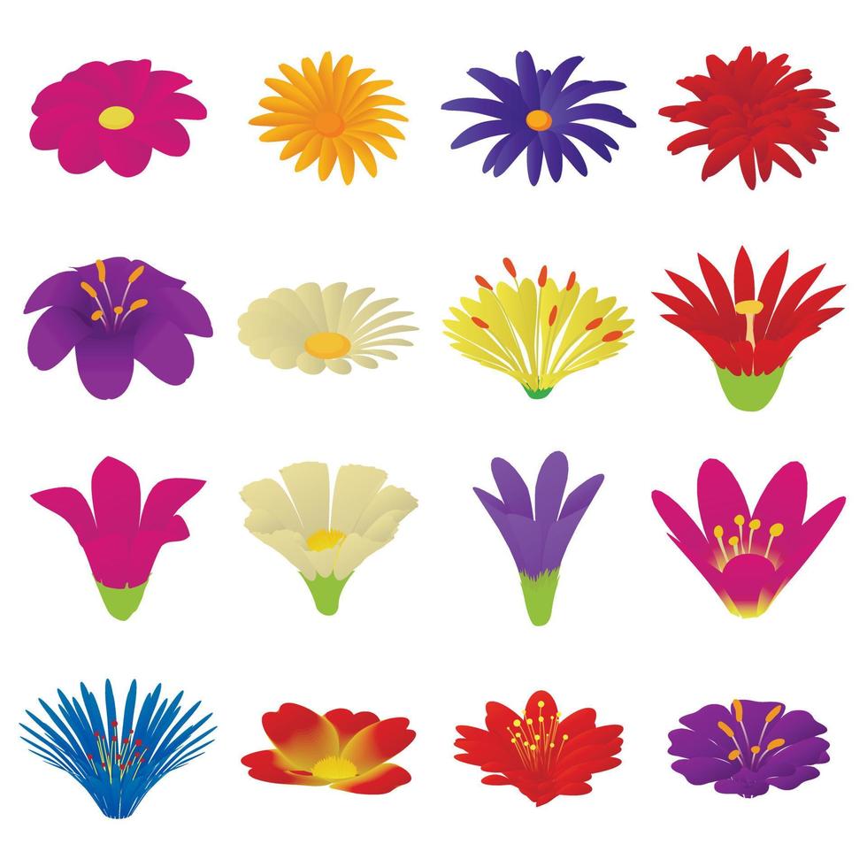 Detailed flowers icons set, cartoon style vector