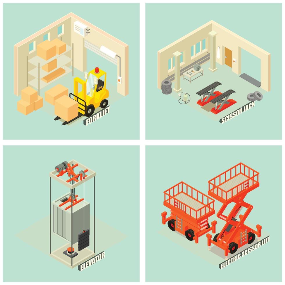 Lifting machine cargo icons set, isometric style vector