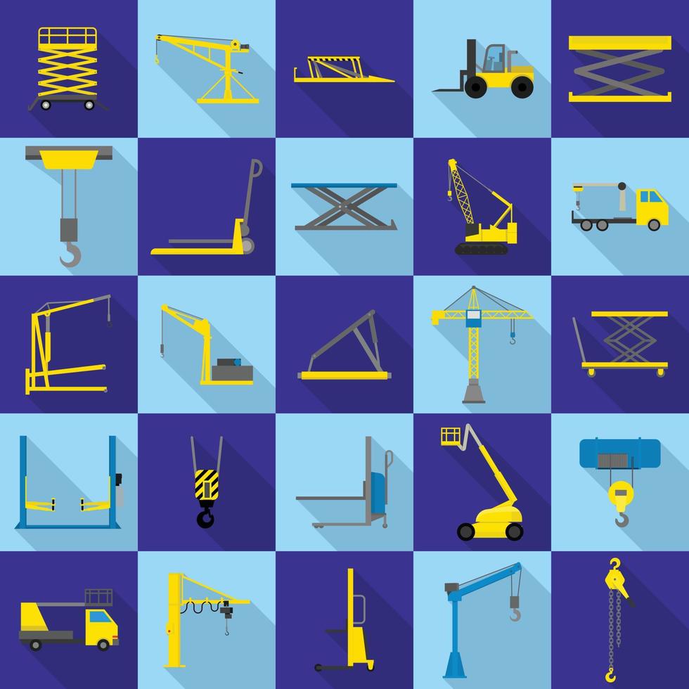 Lifting machine icons set, flat style vector