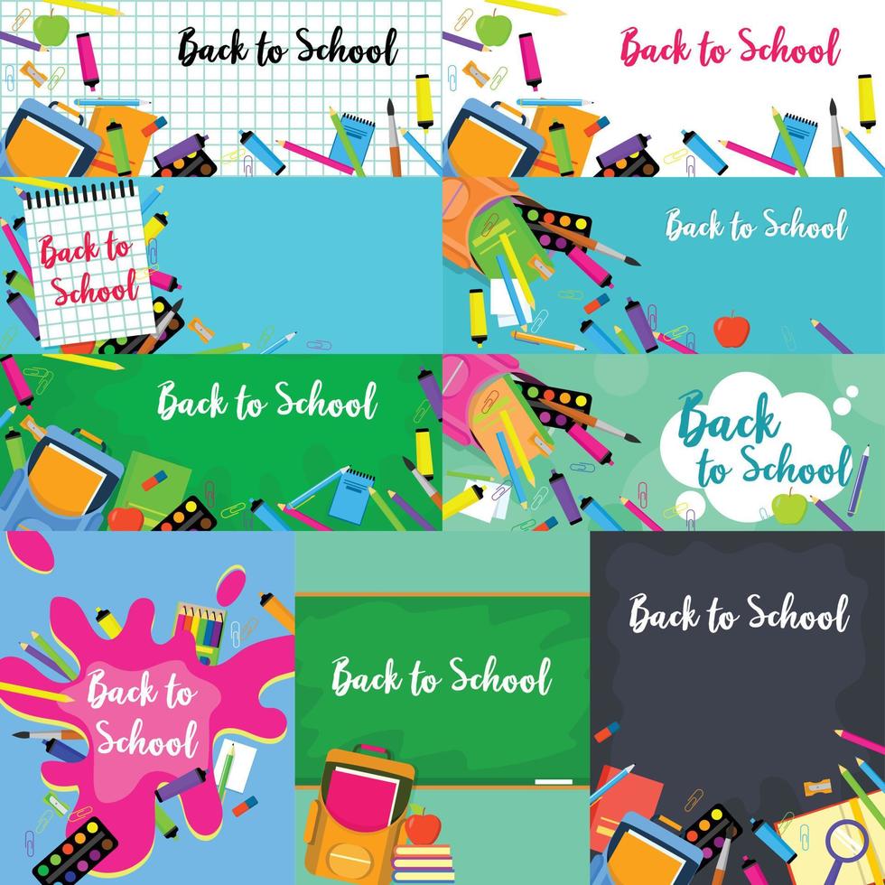 Back to school desk banner concept set, flat style vector