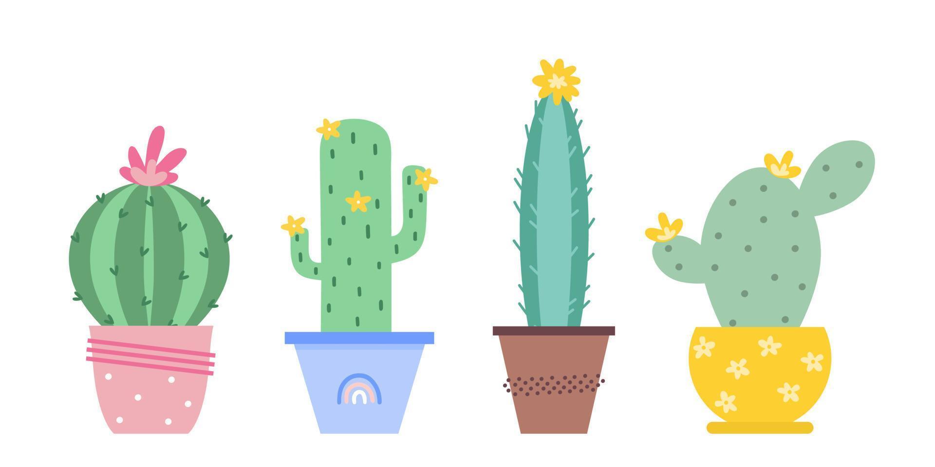 Cute set of cacti plants with flowers in colored pots. Exotic and Tropical Plants - Cacti for design isolated on white background. Hand drawn cactus for design vector