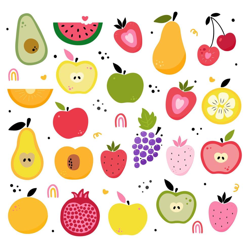 Cute bright fruits vector collections. Big set of fruits, pear, grapes, cherries, strawberry, avocado, peach, whole, half and pieces of fruit. kitchen decor designs, restaurant menu, prints, textile