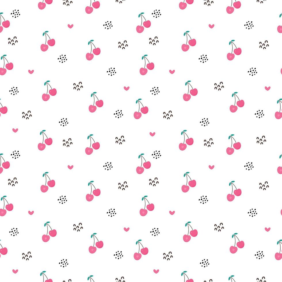 Seamless pattern of cherry fruit with green leaves, dots and hearts. Vector illustration. Cute cartoon fruit pattern, design for print, wrapping paper, packaging, web, fabric, textile, fruit shops