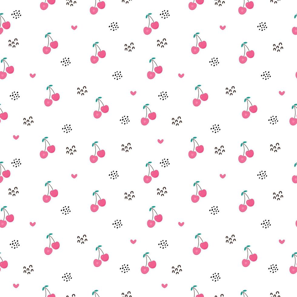 Seamless pattern of cherry fruit with green leaves, dots and hearts. Vector illustration. Cute cartoon fruit pattern, design for print, wrapping paper, packaging, web, fabric, textile, fruit shops