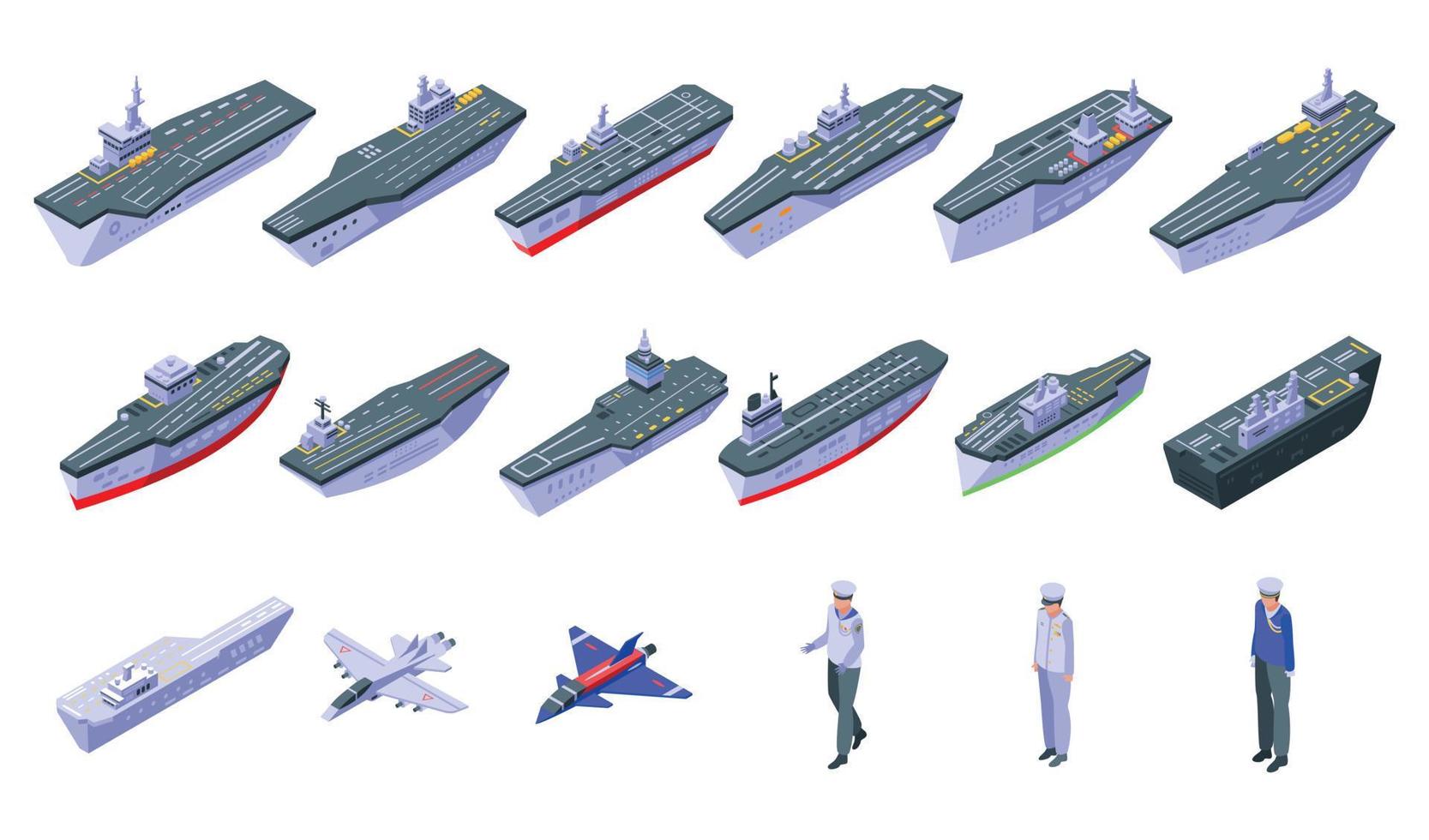 Aircraft carrier icons set, isometric style vector