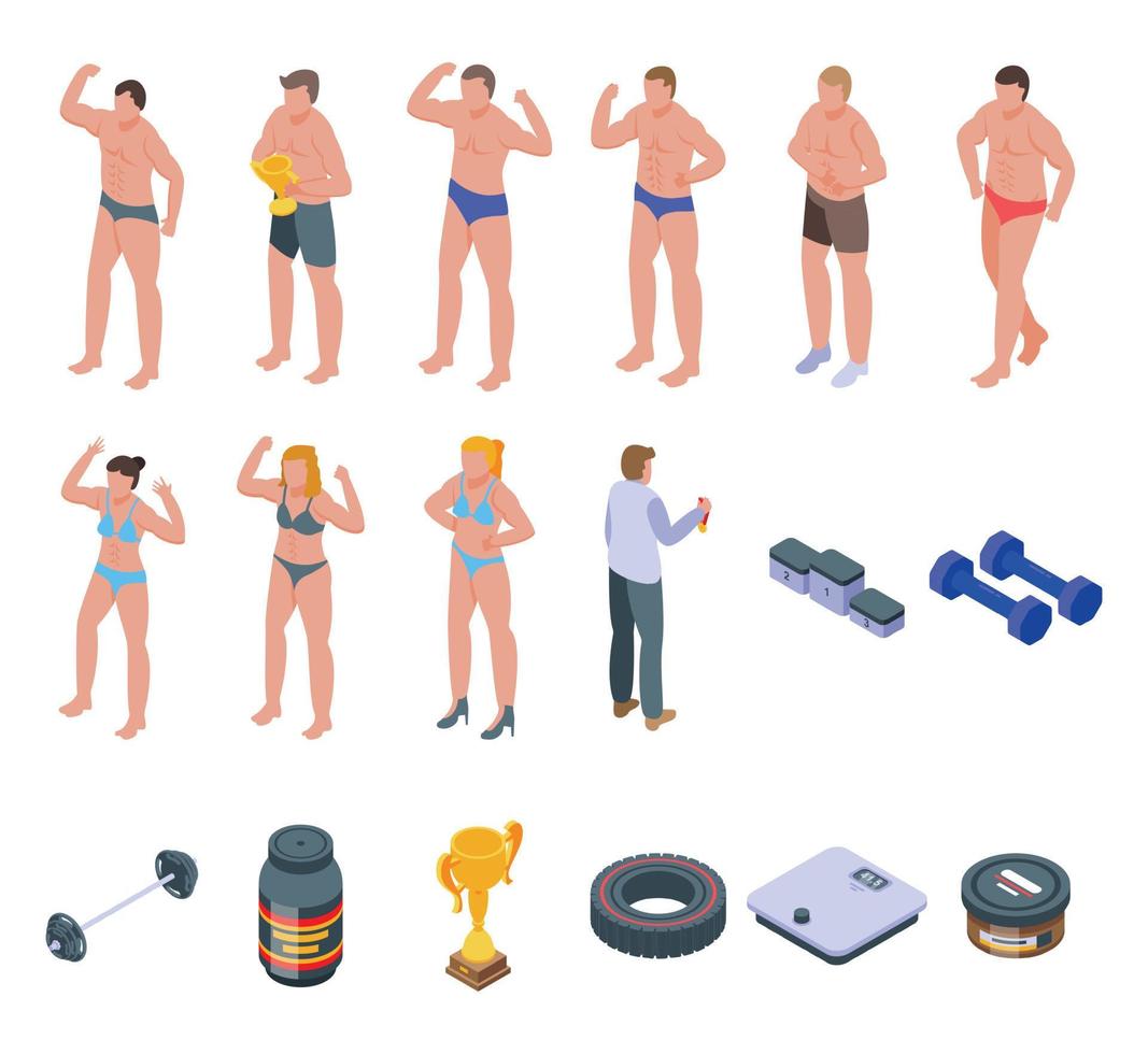 Bodybuilding icons set, isometric style vector