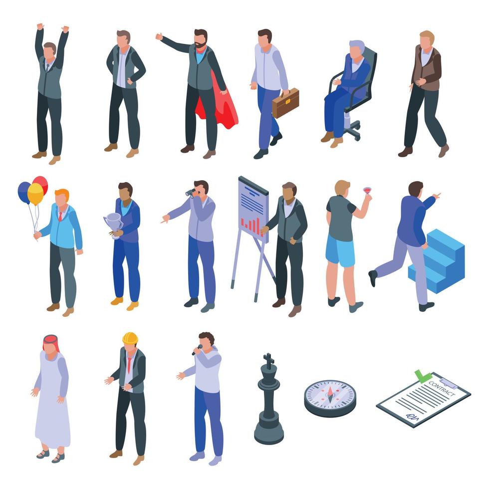 Successful businessman icons set, isometric style vector