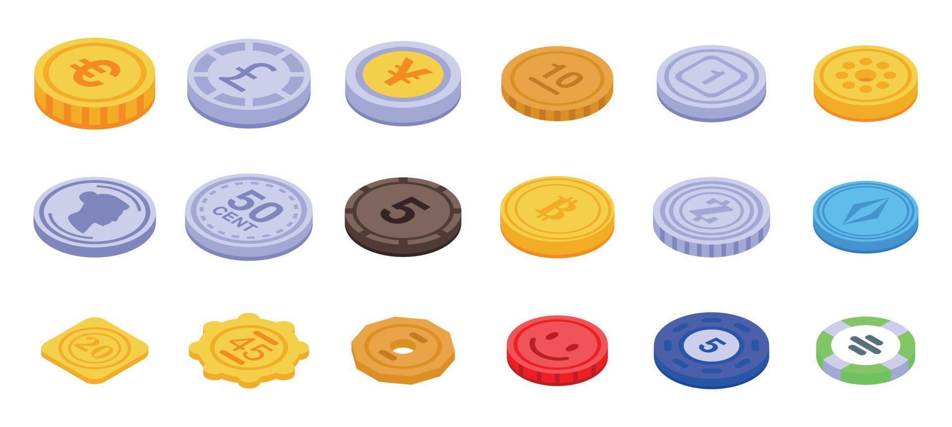 Tokens icons set, isometric style vector