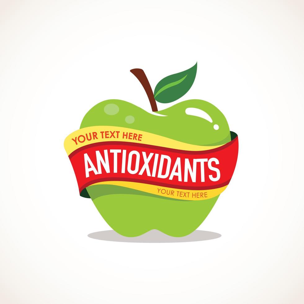 icono simbólico de manzana verde fresca con texto personalizado de antioxidantes en la cinta curva para el uso de productos orgánicos o de atención médica vector