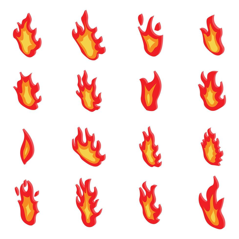 Fire flame icons set, isometric style vector