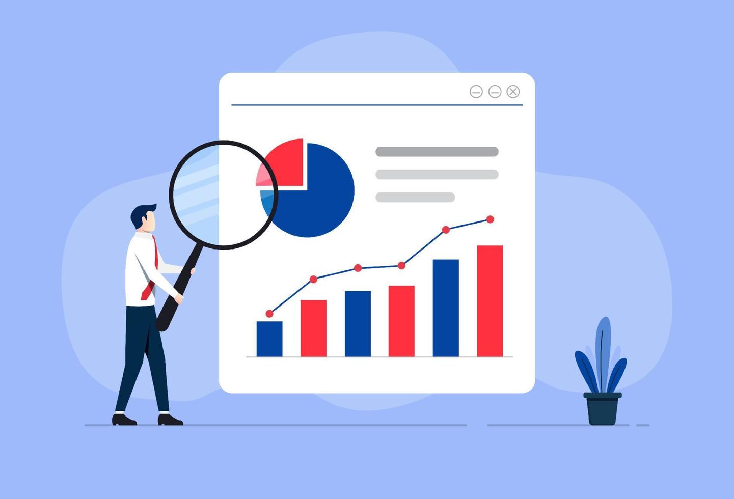 Businessman holding a magnifying glass and graph, reports icon. Data analysis and business analytics concept vector