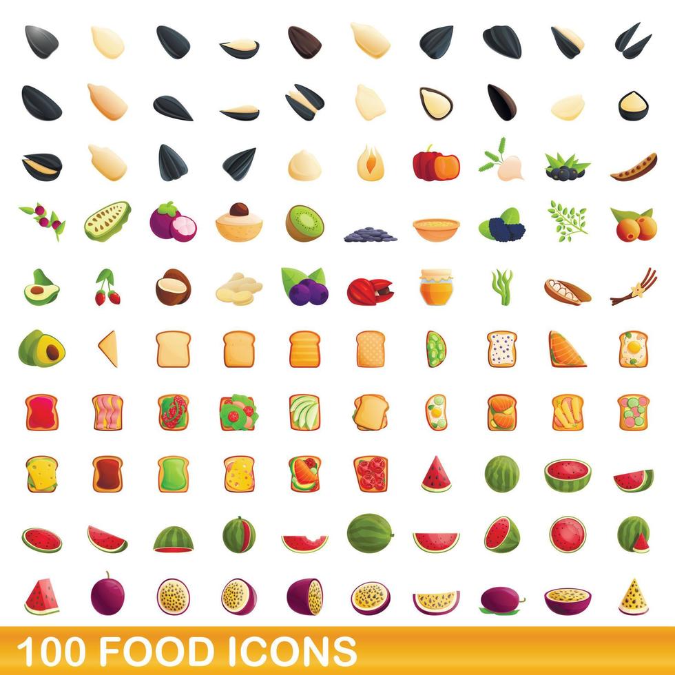 100 food icons set, cartoon style vector