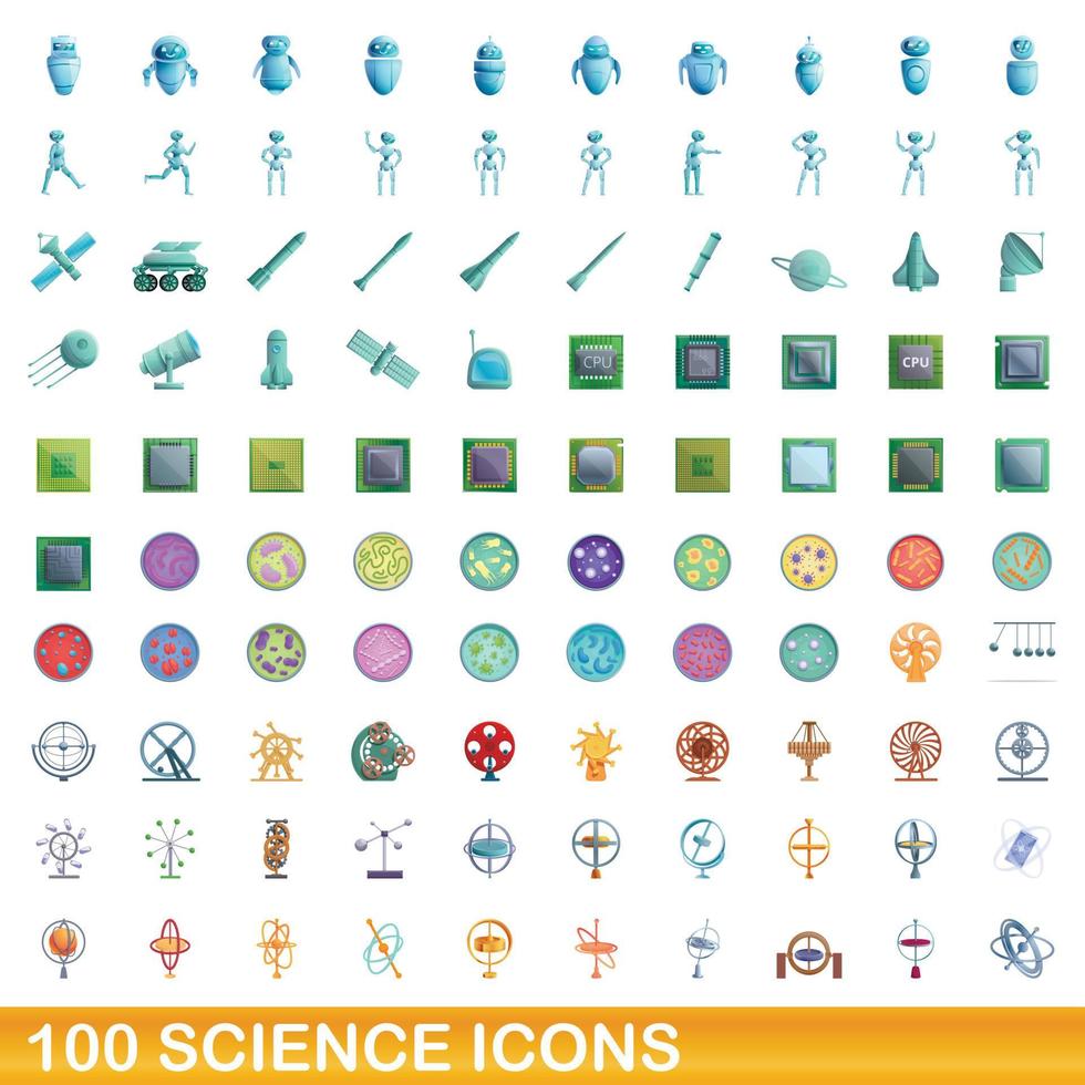 100 ciencia, conjunto de iconos de estilo de dibujos animados vector