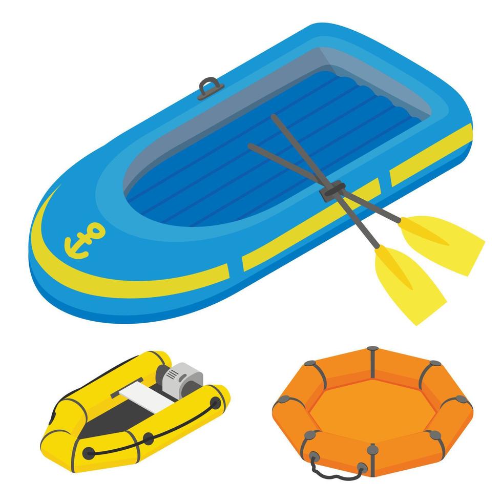 Inflatable boat icons set, isometric style vector