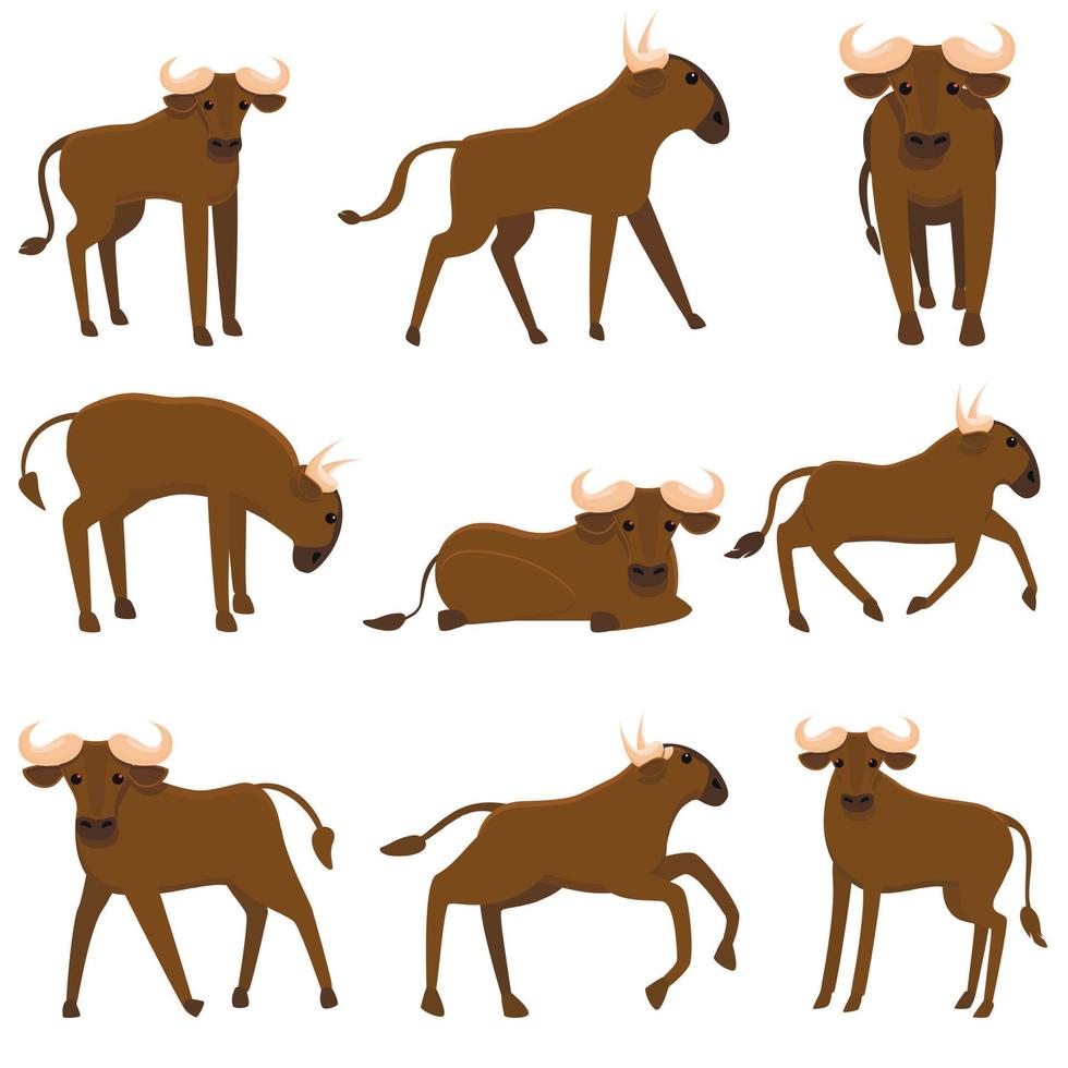 Wildebeest icons set, cartoon style vector