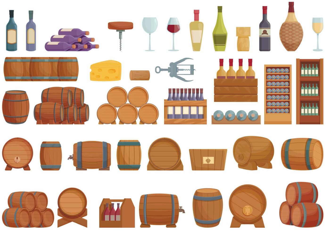 Wine cellar icons set cartoon vector. Barrel keg vector