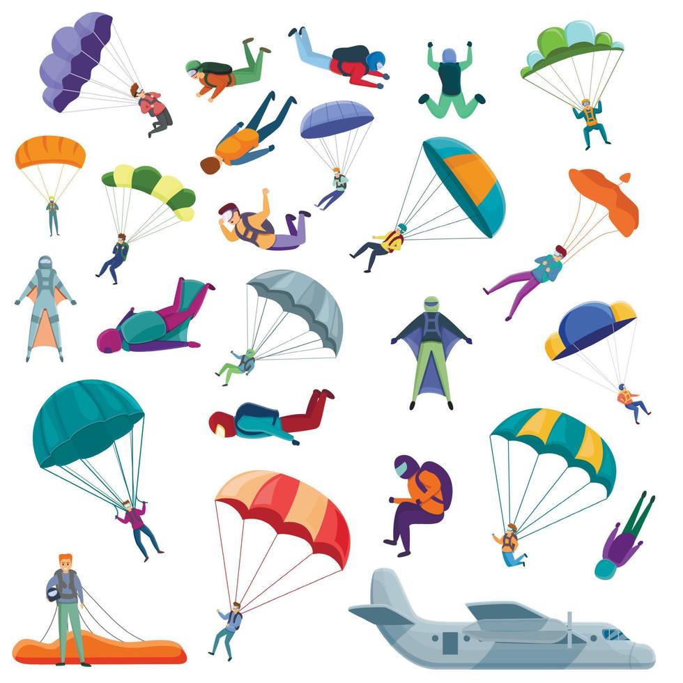 Parachuting icons set, cartoon style vector