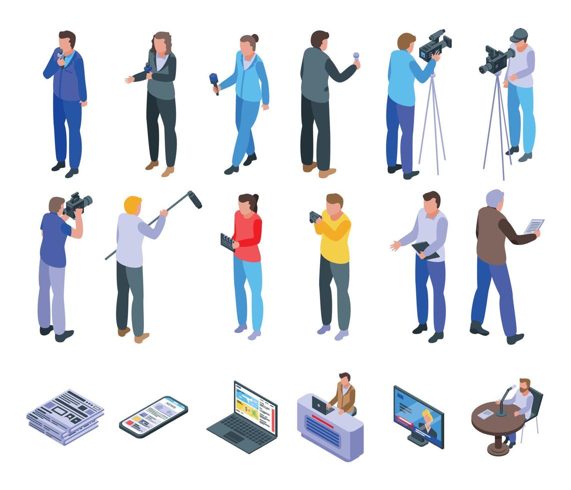 Reportage icons set, isometric style vector