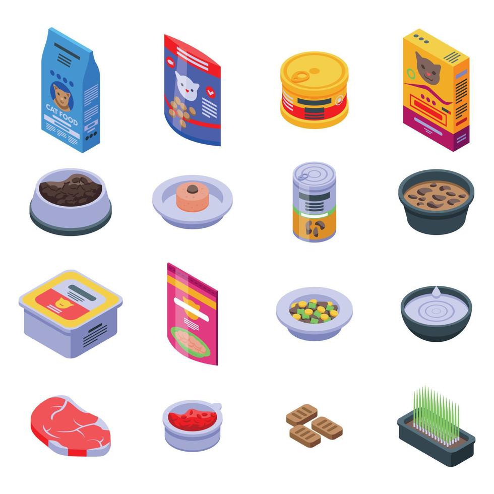 Cat food icons set, isometric style vector