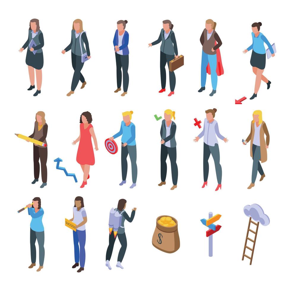 Successful business woman icons set, isometric style vector