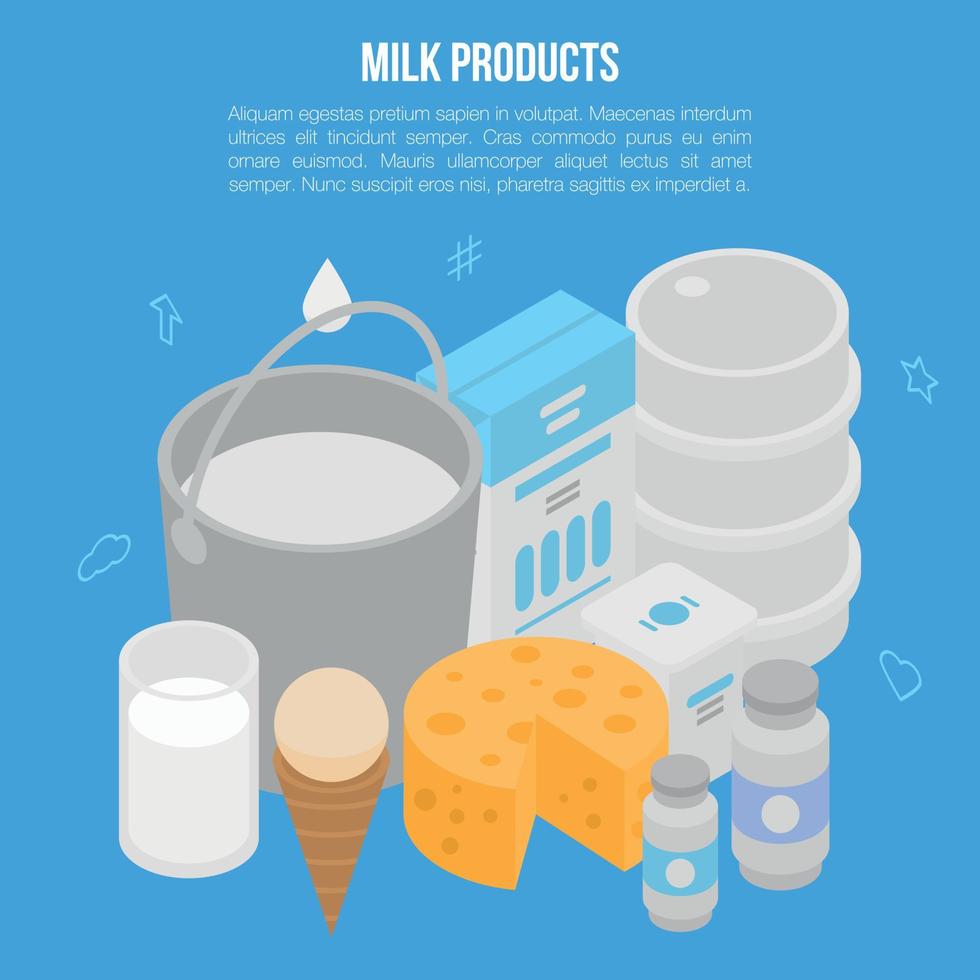 Milk products concept banner, isometric style vector