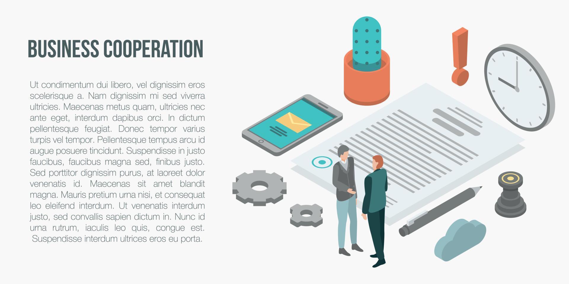 Business cooperation concept banner, isometric style vector