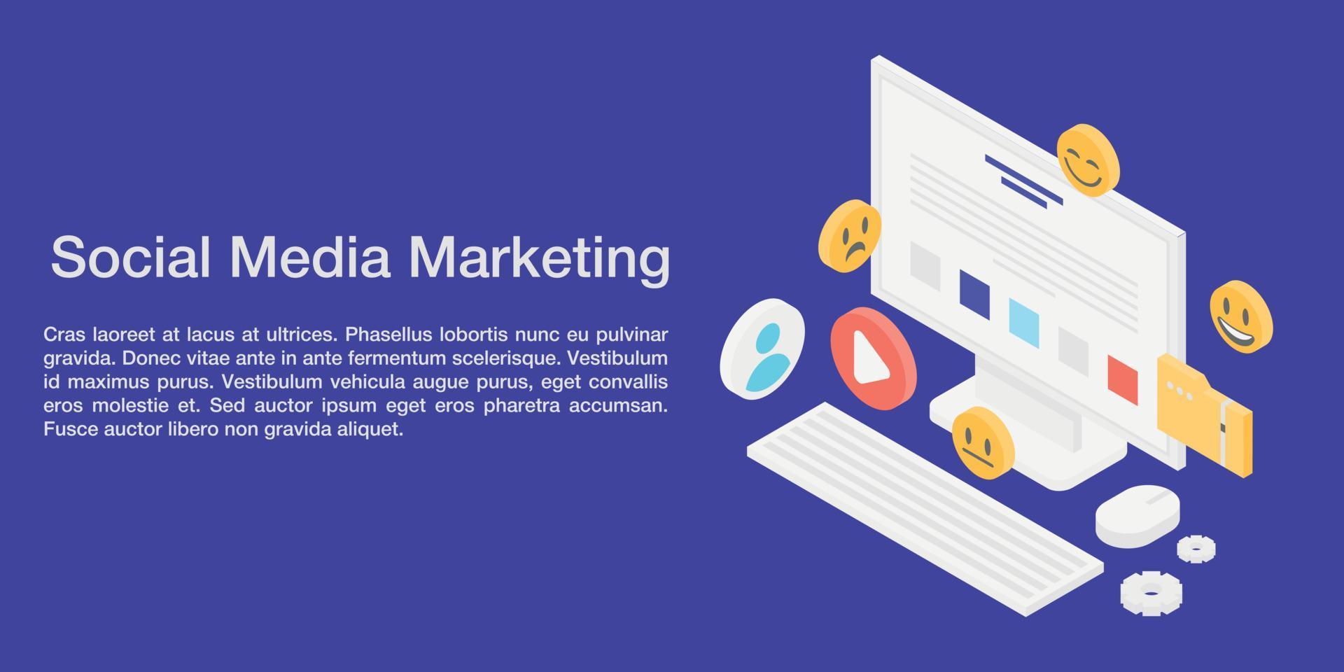 Social media marketing concept banner, isometric style vector