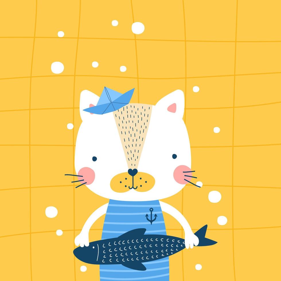 Cute cat with fish Kids print Vector illustrations