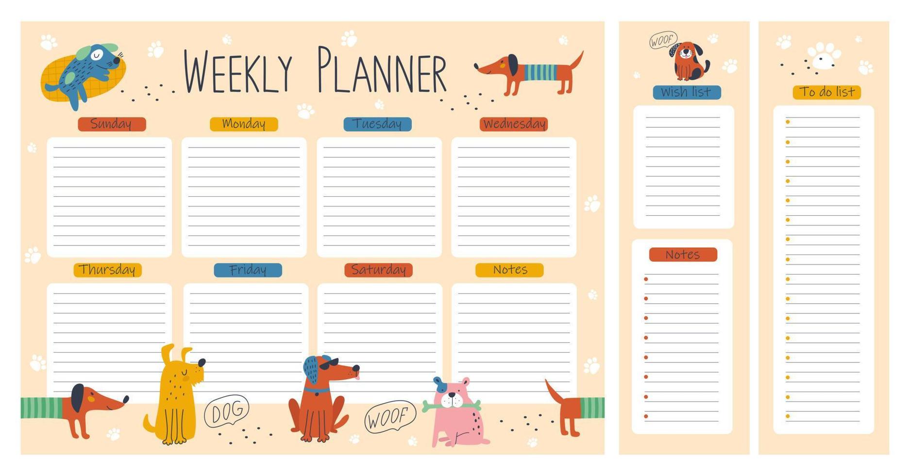 Hand drawing weekly planner with dogs. Vector illustrations