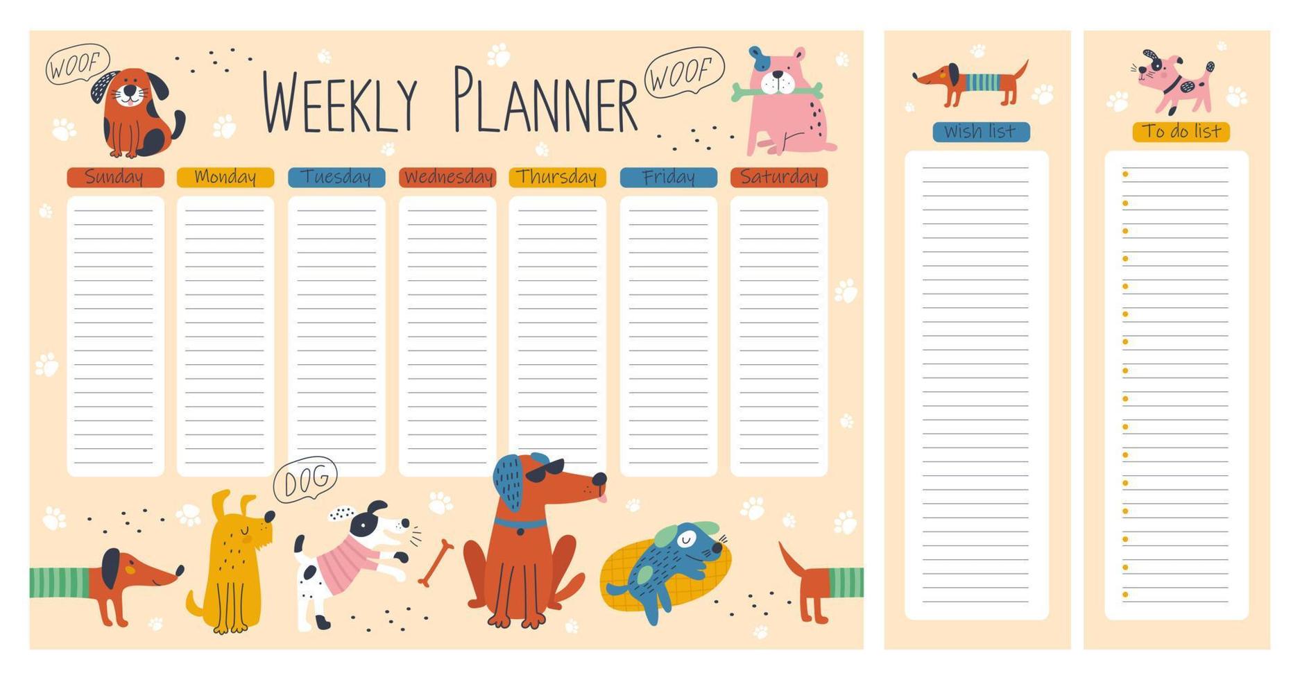 Hand drawing weekly planner with dogs. Vector illustrations