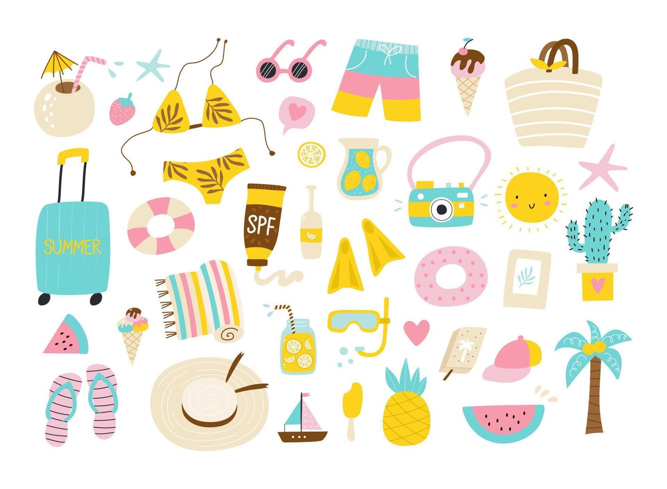 Summer set with hand drawn beach elements. Vector illustrations