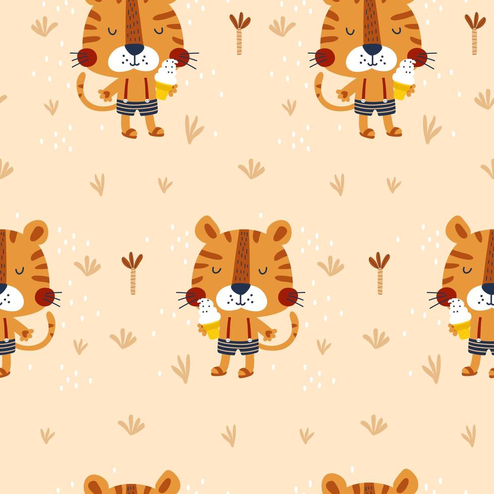 Seamless pattern with cute tiger Kids print Vector illustrations