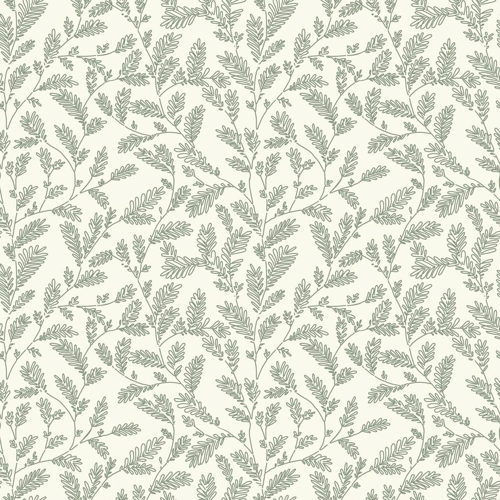 Seamless vector green sage color line leaf and twig pattern on beige background. Hand drawn floral botanical wallpaper.