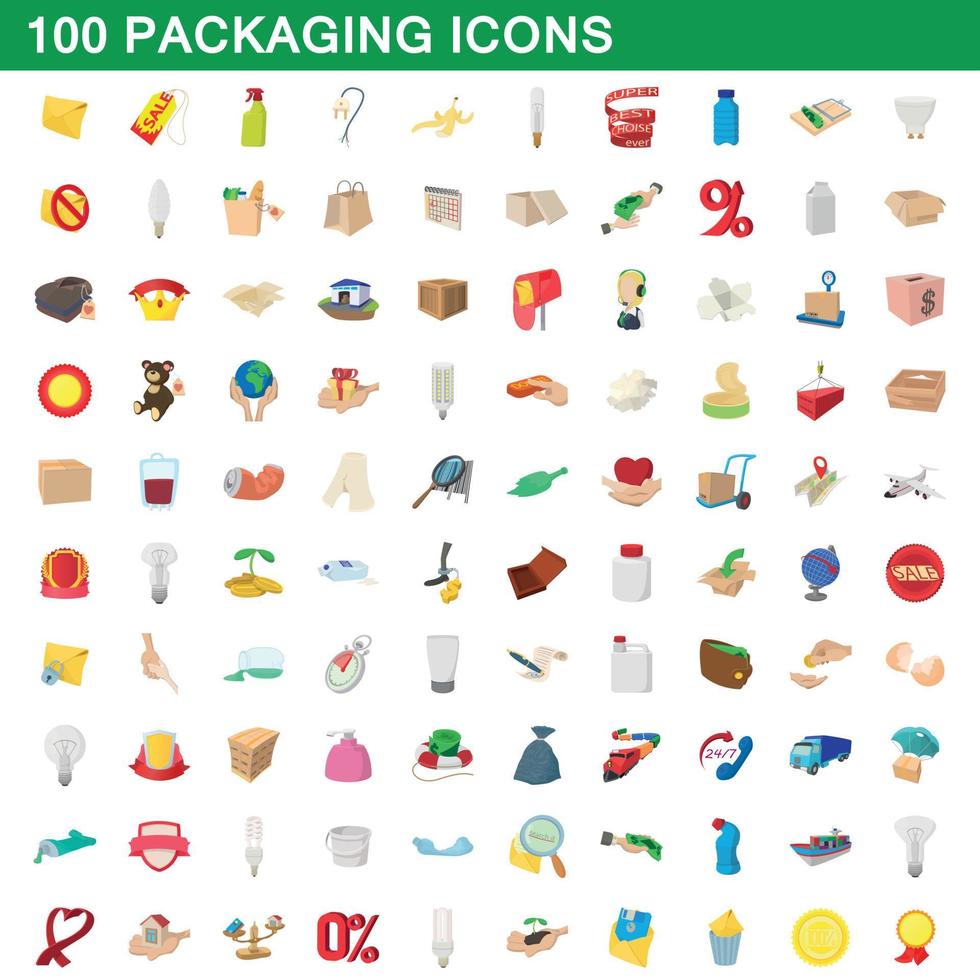100 iconos de embalaje, estilo de dibujos animados vector